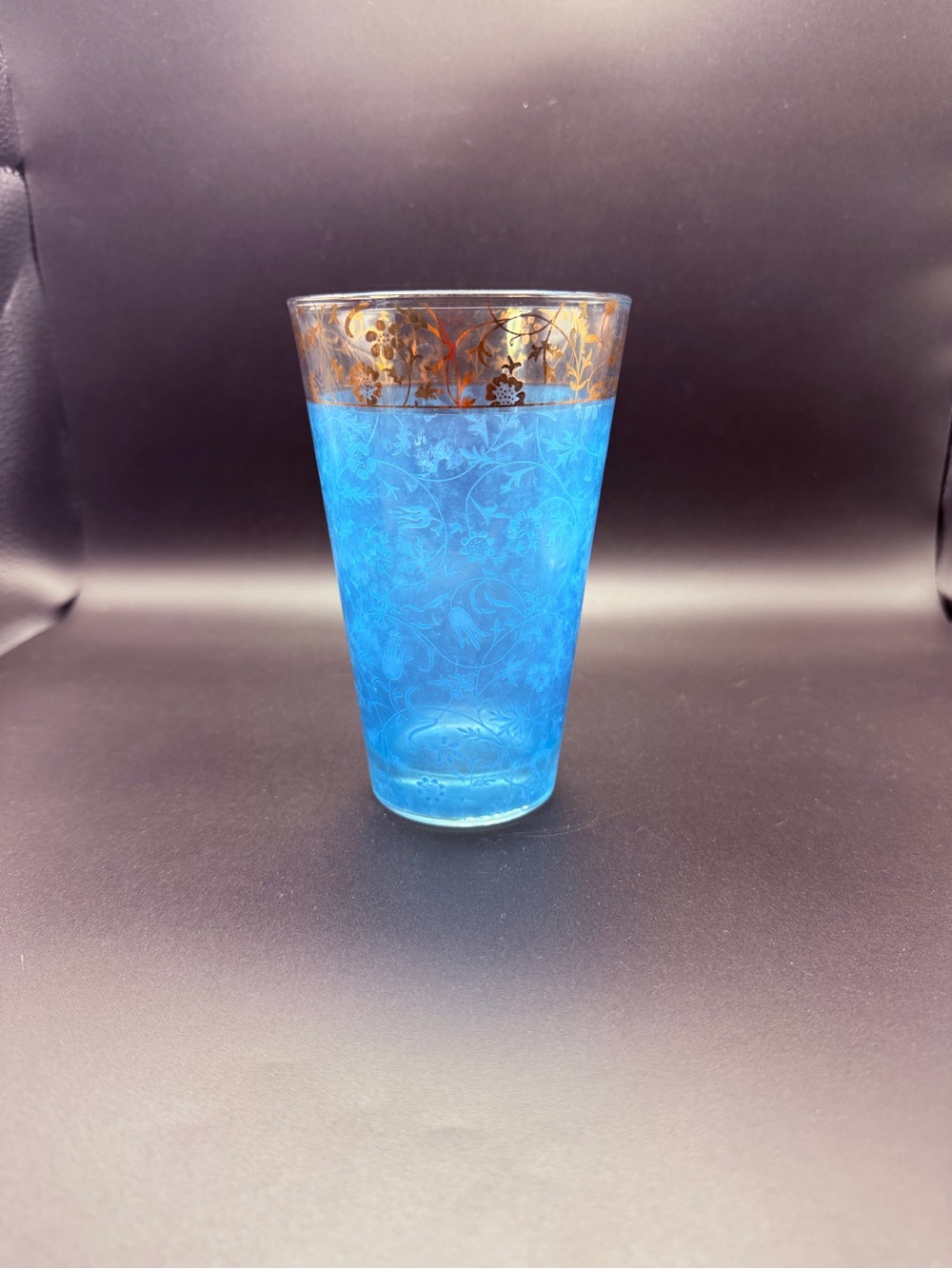 Blue Vintage Glass Tumbler with Gold Floral Rim